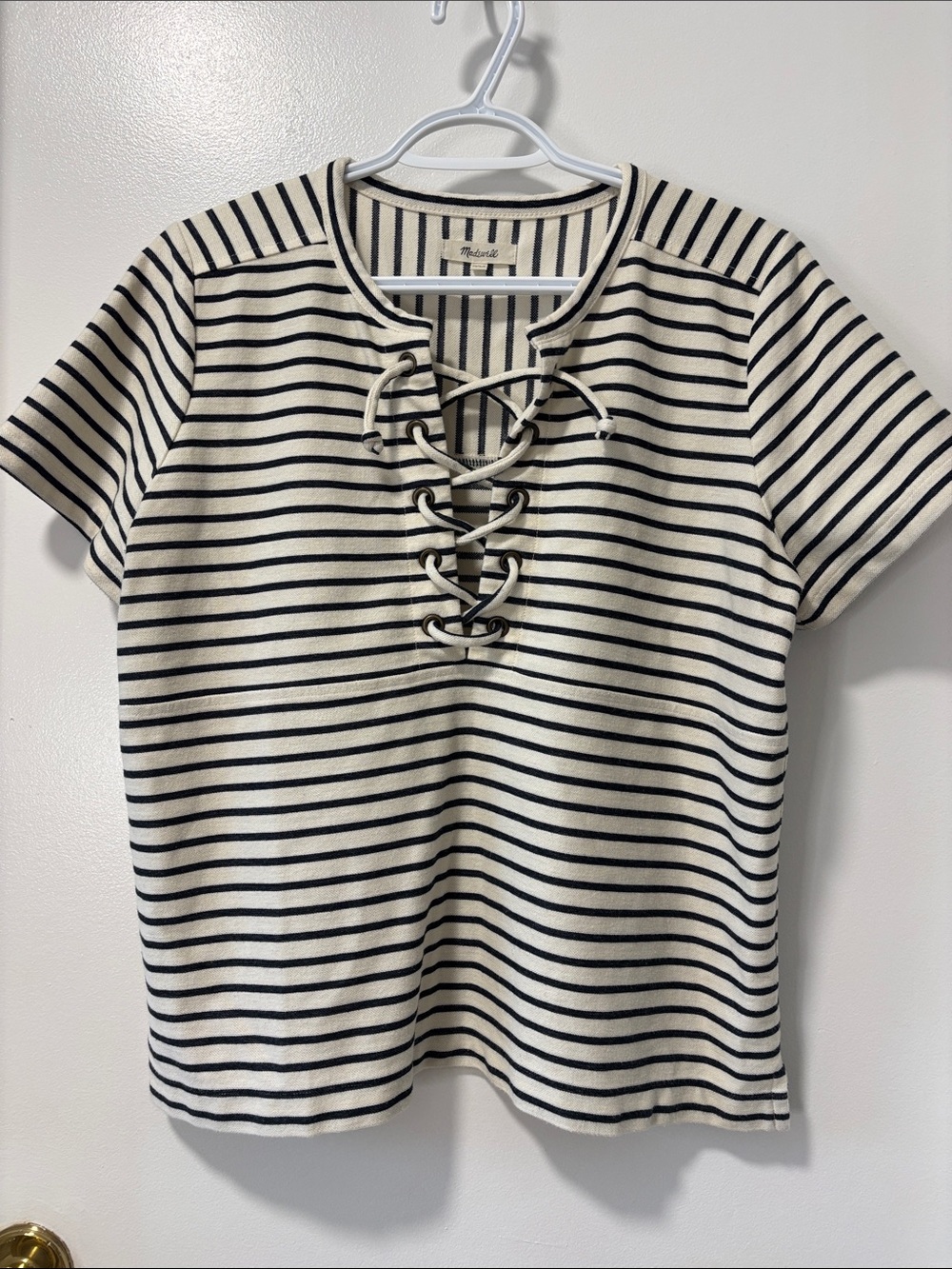 Madewell Lace-Up Striped Short Sleeve Tee - Black & Ivory